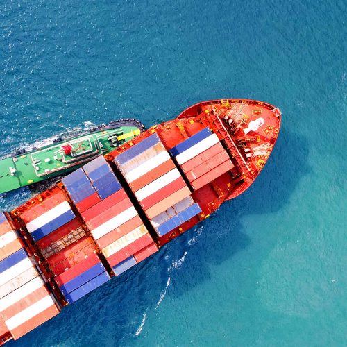 high angle view of the shipping system transport containers by cargo ships, international transport, export-import business, logistics